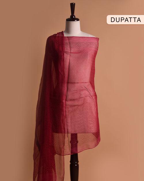 Grey With Pink Handloom Cottom Embroidered Unstitched Suit Fabric Set With Chiffon Dupatta