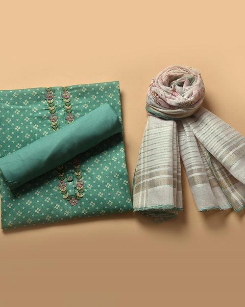 Green Cotton Glazed Printed With Embroidery Unstitched Suit Fabric Set With Linen Dupatta