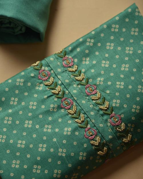 Green Cotton Glazed Printed With Embroidery Unstitched Suit Fabric Set With Linen Dupatta