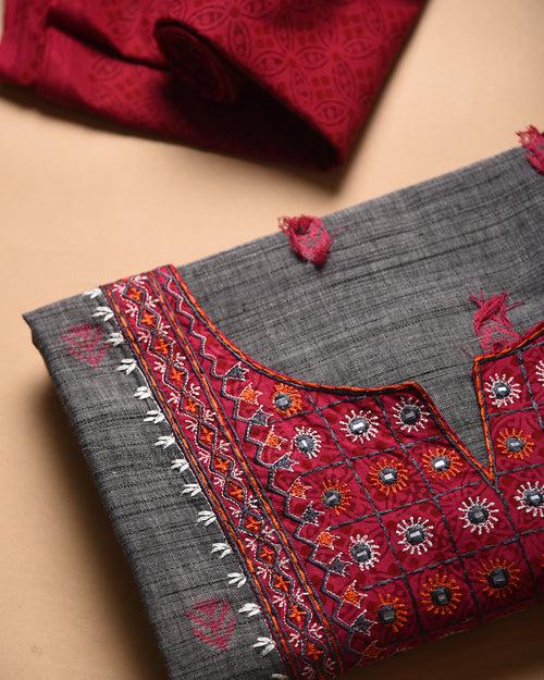 Grey With Pink Handloom Cottom Embroidered Unstitched Suit Fabric Set With Chiffon Dupatta