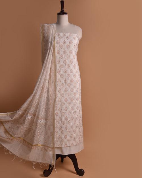 Off White Pure Cotton Printed With Thread Embroidered Unstitched Suit Fabric Set With Chanderi Dupatta