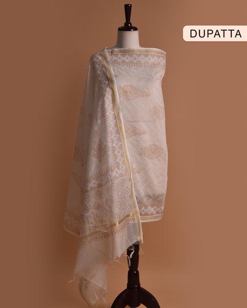 Off White Pure Cotton Printed With Thread Embroidered Unstitched Suit Fabric Set With Chanderi Dupatta