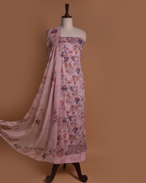 Light Pink Cotton Glazed Floral Printed With Embroidery Unstitched Suit Fabric Set With Chiffon Dupatta