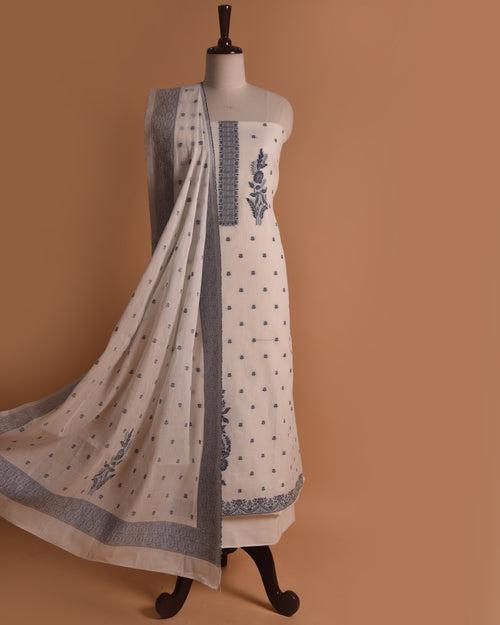 White With Blue Cotton Linen Woven Unstitched Suit Fabric Set With Cotton Linen Dupatta