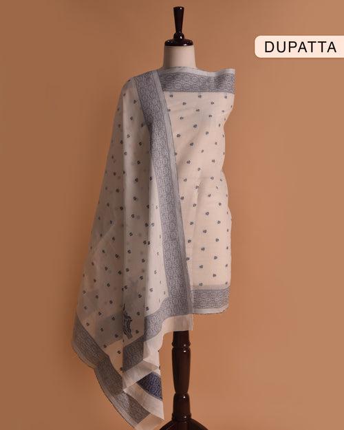 White With Blue Cotton Linen Woven Unstitched Suit Fabric Set With Cotton Linen Dupatta