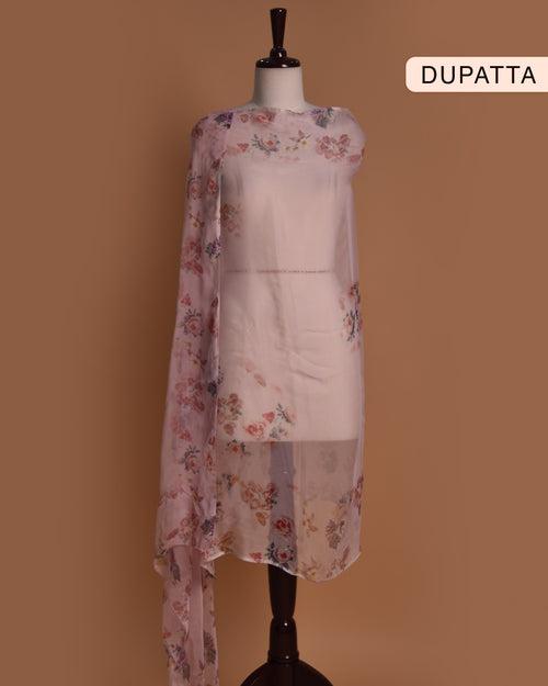 Light Pink Cotton Glazed Floral Printed With Embroidery Unstitched Suit Fabric Set With Chiffon Dupatta