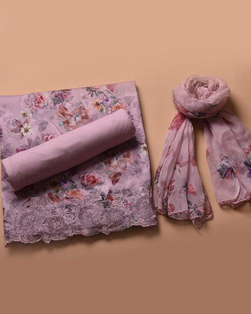 Light Pink Cotton Glazed Floral Printed With Embroidery Unstitched Suit Fabric Set With Chiffon Dupatta