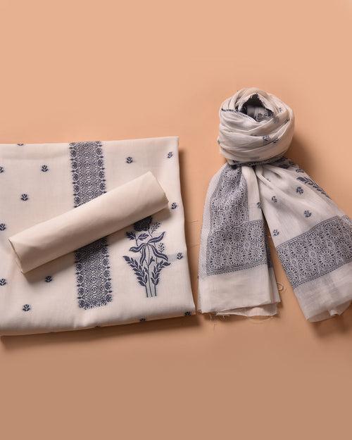 White With Blue Cotton Linen Woven Unstitched Suit Fabric Set With Cotton Linen Dupatta