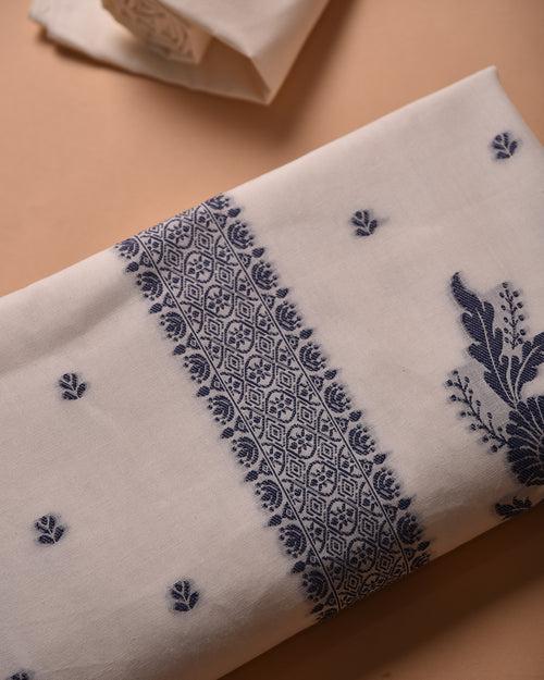 White With Blue Cotton Linen Woven Unstitched Suit Fabric Set With Cotton Linen Dupatta