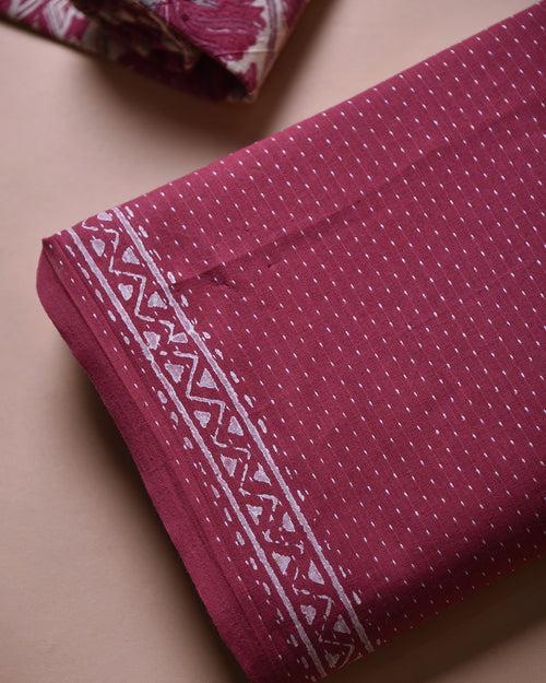 Reddish Pink Handloom Cotton Woven Unstitched Suit Fabric Set With Block Printed Kota Dupatta