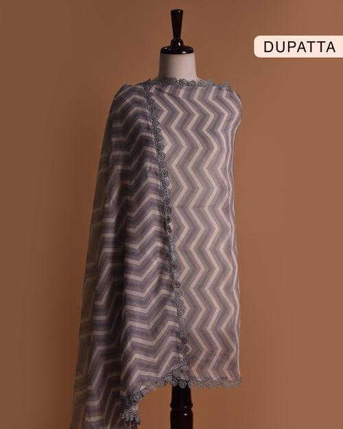 Light Grey Muslin Blend Printed With Embroidery Unstitched Suit Fabric Set With Muslin Dupatta
