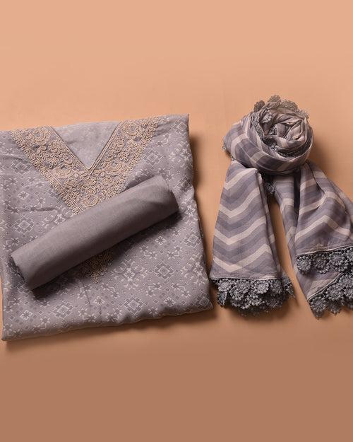 Light Grey Muslin Blend Printed With Embroidery Unstitched Suit Fabric Set With Muslin Dupatta