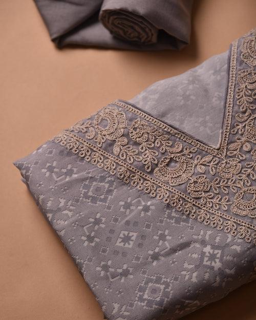 Light Grey Muslin Blend Printed With Embroidery Unstitched Suit Fabric Set With Muslin Dupatta