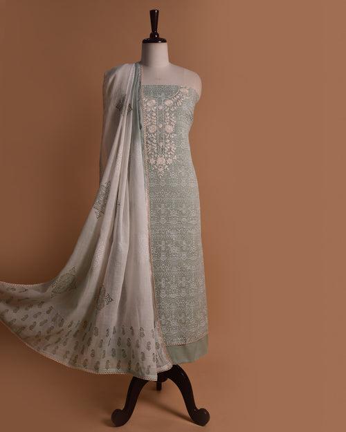 Light Green Pure Cotton Printed With Embroidery Unstitched Suit Fabric Set With Cotton Dupatta