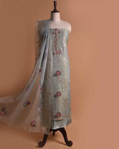 Blue Shimmer Georgette Embroidred Unstitched Suit Fabric Set With Organza Embroidered Dupatta