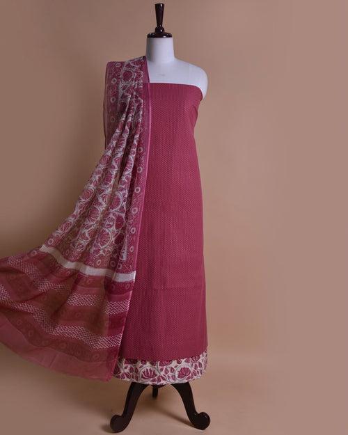 Reddish Pink Handloom Cotton Woven Unstitched Suit Fabric Set With Block Printed Kota Dupatta