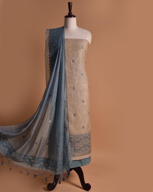 Beige With Light Blue Chanderi Silk Woven Unstitched Suit Fabric Set With Chanderi Silk Dupatta