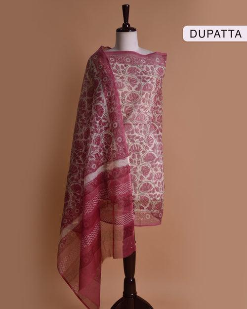 Reddish Pink Handloom Cotton Woven Unstitched Suit Fabric Set With Block Printed Kota Dupatta