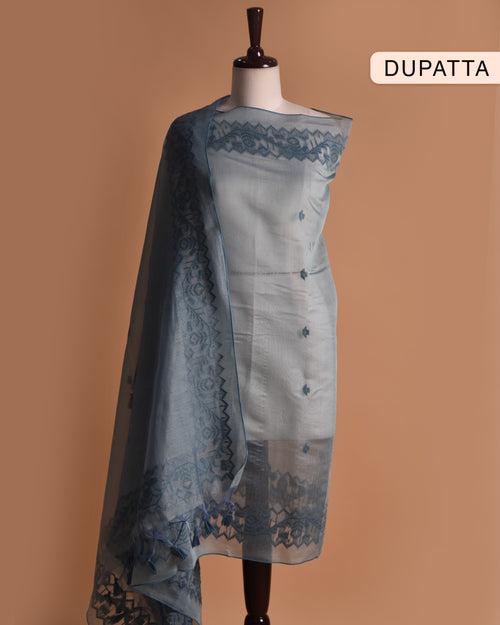 Beige With Light Blue Chanderi Silk Woven Unstitched Suit Fabric Set With Chanderi Silk Dupatta