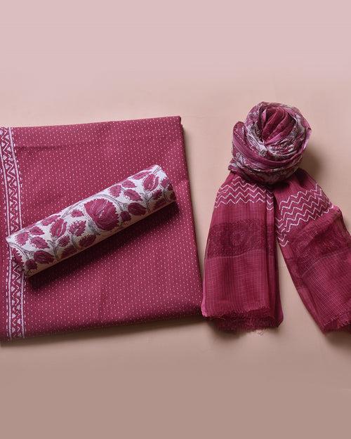 Reddish Pink Handloom Cotton Woven Unstitched Suit Fabric Set With Block Printed Kota Dupatta