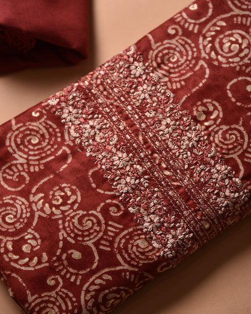 Red Cotton Glazed Printed With Embroidery Unstitched Suit Fabric Set With Chiffon Dupatta