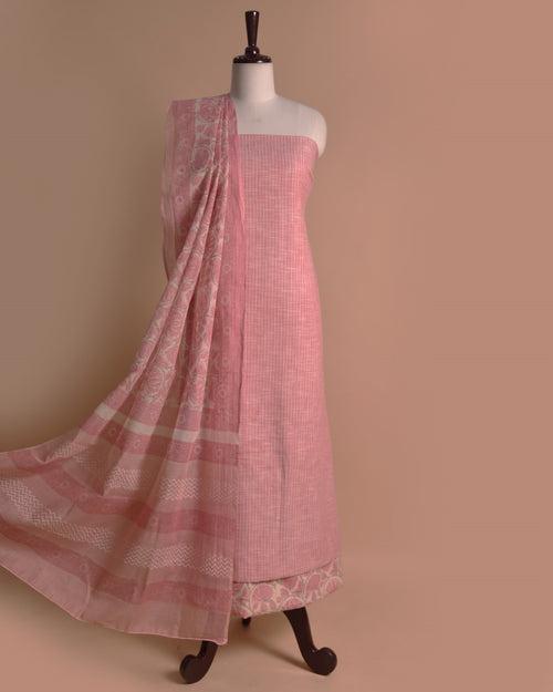 Light Pink Handloom Cotton Woven Unstitched Suit Fabric Set With Block Printed Kota Dupatta