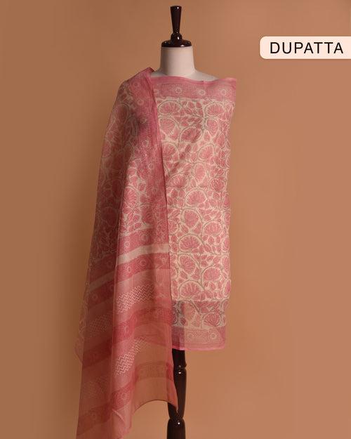 Light Pink Handloom Cotton Woven Unstitched Suit Fabric Set With Block Printed Kota Dupatta