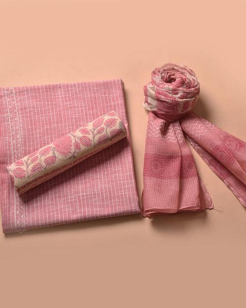 Light Pink Handloom Cotton Woven Unstitched Suit Fabric Set With Block Printed Kota Dupatta