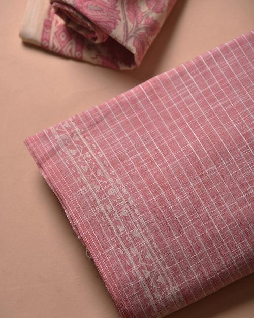 Light Pink Handloom Cotton Woven Unstitched Suit Fabric Set With Block Printed Kota Dupatta