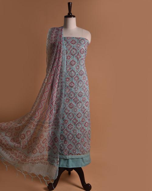 Sky Blue Kota Doriya Hand Block Printed WIth Embroidery Unstitched Suit Fabric Set With Kota Printed Dupatta