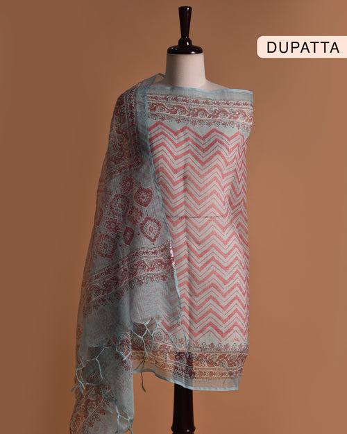 Sky Blue Kota Doriya Hand Block Printed WIth Embroidery Unstitched Suit Fabric Set With Kota Printed Dupatta