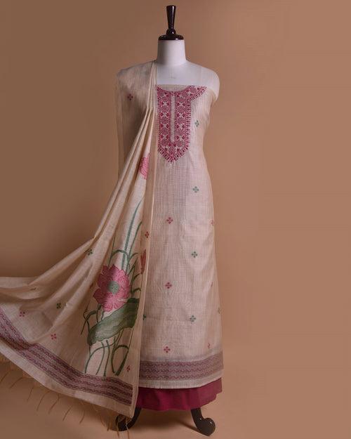 Beige With Pink Chanderi Silk Blend Woven With Embroidery Unstitched Suit Fabric Set With Chanderi Silk Dupatta