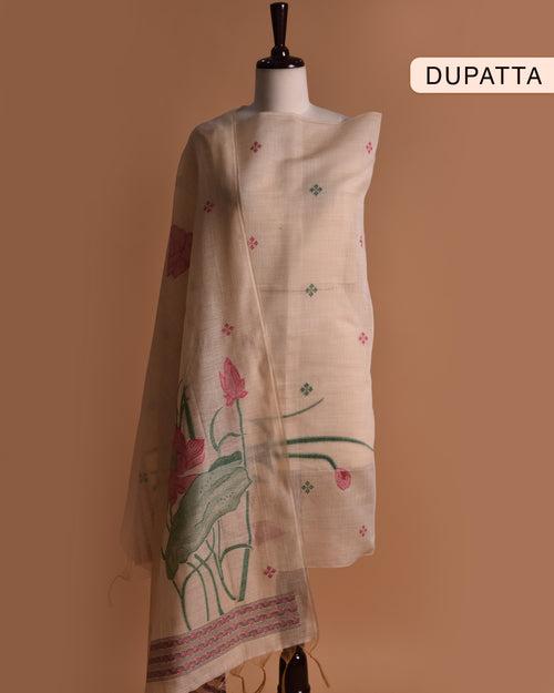 Beige With Pink Chanderi Silk Blend Woven With Embroidery Unstitched Suit Fabric Set With Chanderi Silk Dupatta