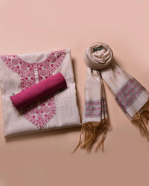 Beige With Pink Chanderi Silk Blend Woven With Embroidery Unstitched Suit Fabric Set With Chanderi Silk Dupatta