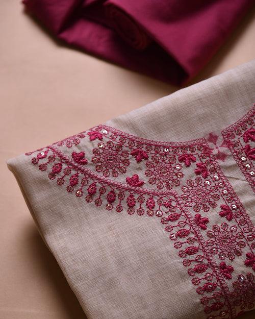 Beige With Pink Chanderi Silk Blend Woven With Embroidery Unstitched Suit Fabric Set With Chanderi Silk Dupatta