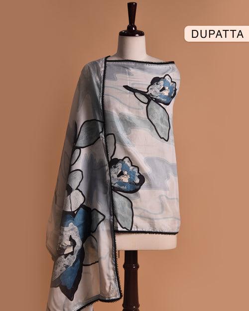 Light Grey With Black Muslin Blend Printed With Embroidery Unstitched Suit Fabric Set With Muslin Dupatta