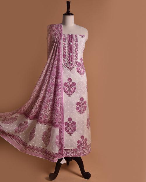 Off White With Purple Pure Cotton Printed Unstitched Suit Fabric Set With Cotton Dupatta