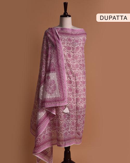 Off White With Purple Pure Cotton Printed Unstitched Suit Fabric Set With Cotton Dupatta