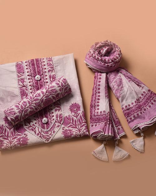 Off White With Purple Pure Cotton Printed Unstitched Suit Fabric Set With Cotton Dupatta