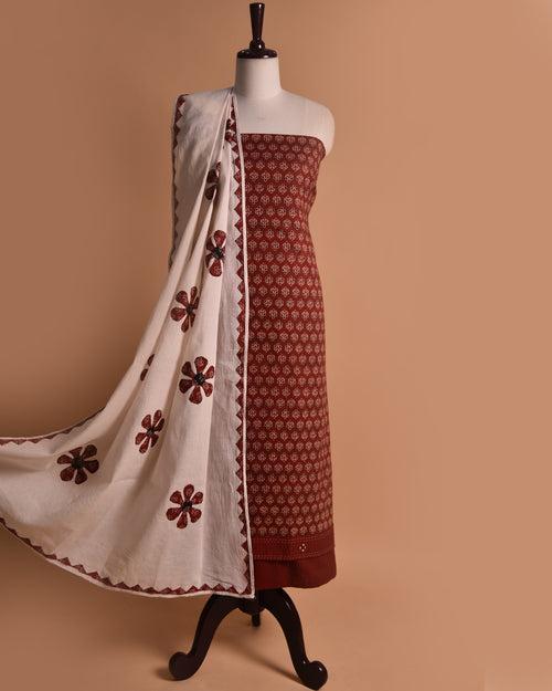 Maroon Pure Cotton Printed With Embroidery Unstitched Suit Fabric Set With Cotton Embroidered Dupatta