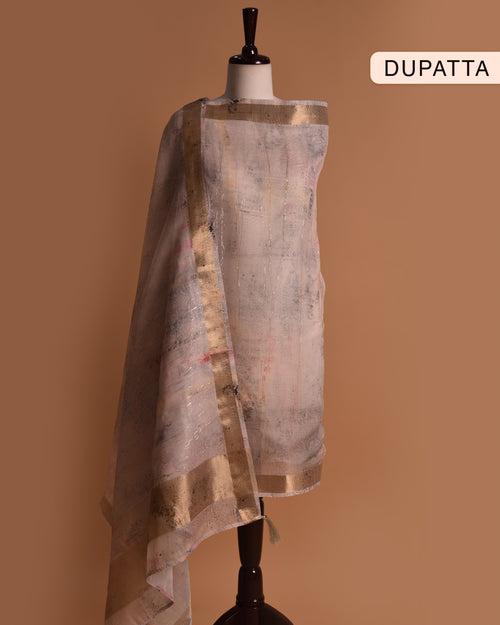Light Beige With Pink Chanderi Printed With Embroidery Unstitched Suit Fabric Set With Chanderi Dupatta