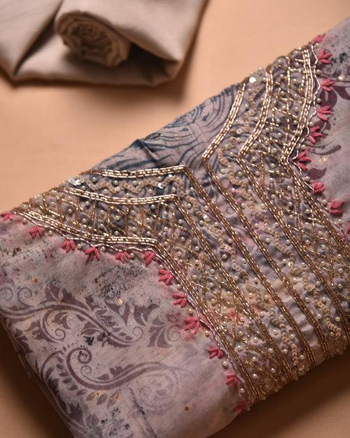Light Beige With Pink Chanderi Printed With Embroidery Unstitched Suit Fabric Set With Chanderi Dupatta