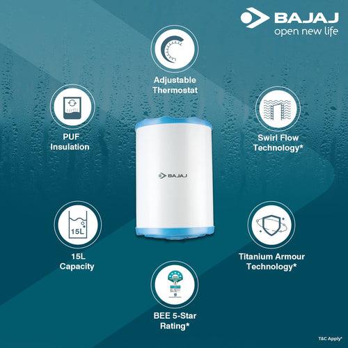 Bajaj Montage 15 litres Storage Vertical 5 Star Water Heater (White)