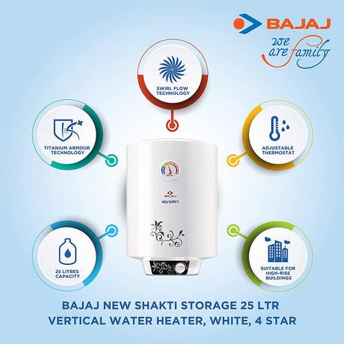 Bajaj New Shakti Storage 25 Litre Vertical Water Heater, White, 4 Star (43.3 x 44.1 x 57 cms)