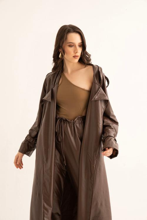 Brown Faux Leather Trench and Cargo Pants Co-ord Set