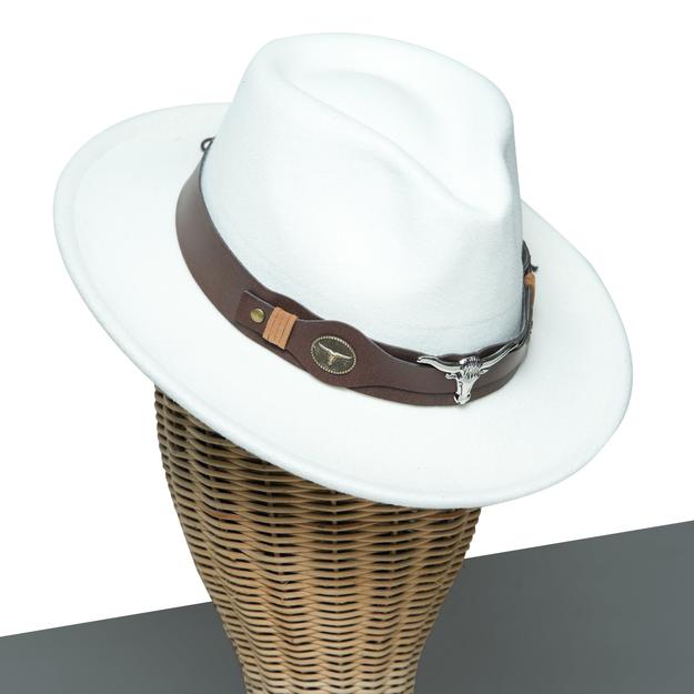 Chokore fedora hat with Ox head belt  (White)