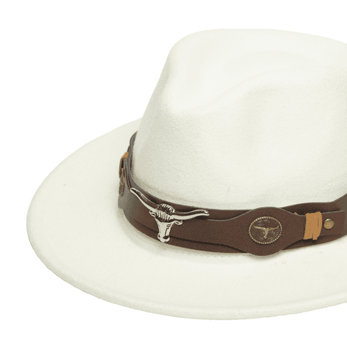 Chokore fedora hat with Ox head belt  (White)