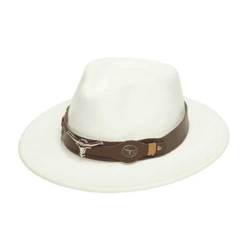 Chokore fedora hat with Ox head belt  (White)