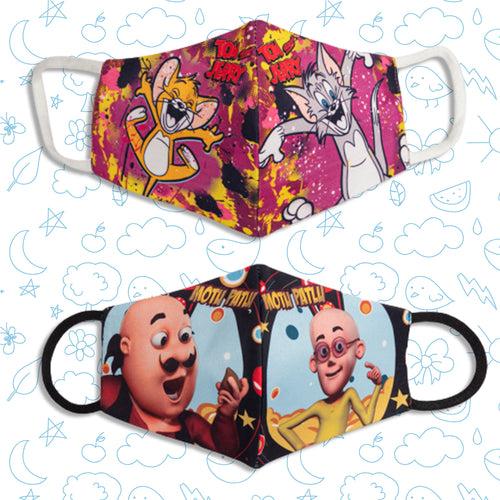 Cartoon Printed 4 Layers Cloth Mask for Kids ( Pack of 2 Washable and Reusable )