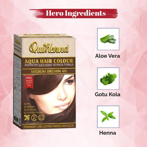 QuikHenna, AQUA Powder Hair Color 4N Medium Brown for Men & Women, 110GM | Permanent Long Lasting Hair Color | Free from PPD, Resorcinols, Peroxides, Ammonia & Harsh Chemicals